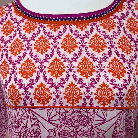 Womens Indian Style Printed Tunic Dress Embellished Neckline Vibrant Pink - M - Picture 8 of 9